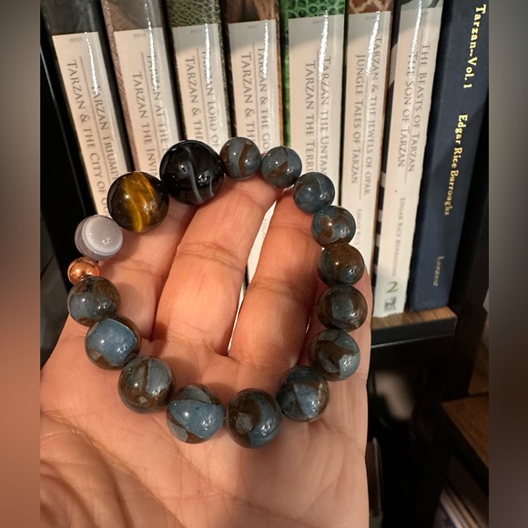LAKE BLUE CLOISONNÉ JASPER + ONYX + TIGERS NATURAL STONES BRACELET size 7.5” - Picture 8 of 8
